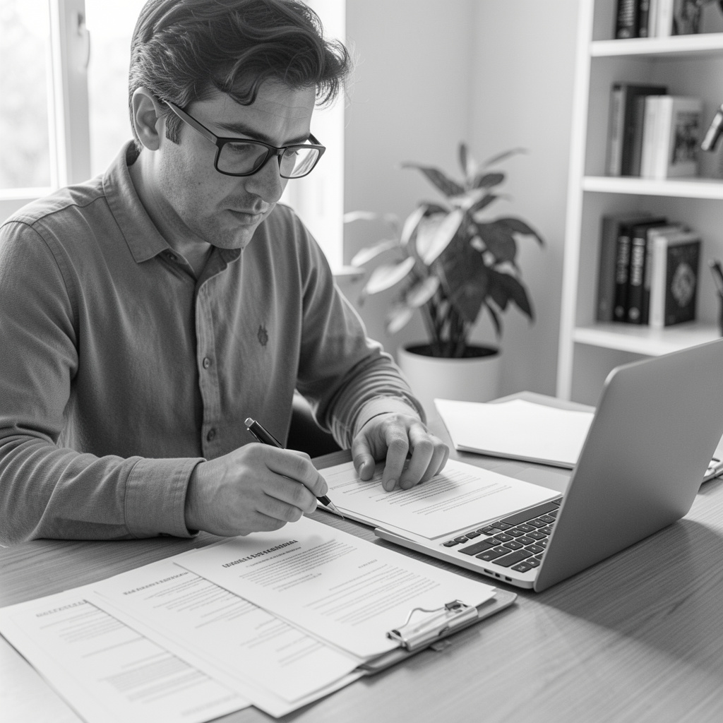 Trabajador revisando documentación médica y laboral en casa, con portátil cerrado y luz natural, consulta legal online sobre baja médica laboral en Abogaphone