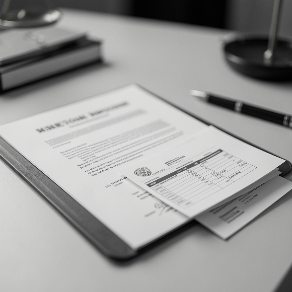 Carpeta con documentos médicos y nómina desenfocada sobre una mesa clara, consulta legal online sobre incapacidad temporal en Abogaphone