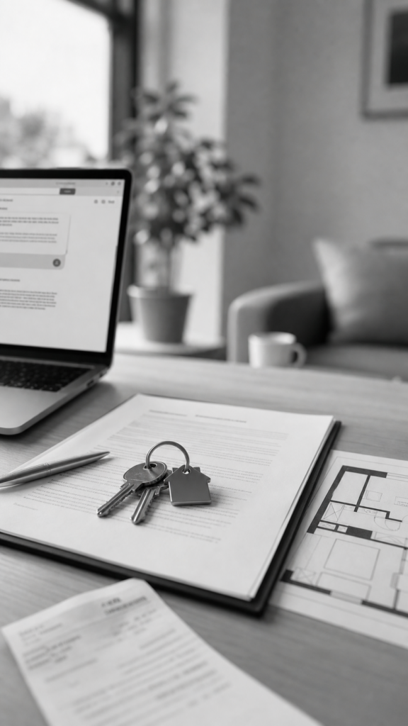 Contrato de alquiler abierto con llaves, recibo de renta y plano de vivienda desenfocado, consulta legal online sobre contrato de arrendamiento en Abogaphone