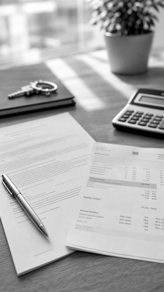 Contrato de préstamo y recibo inicial con una comisión bancaria desenfocada, consulta legal online sobre comisión de apertura en Abogaphone