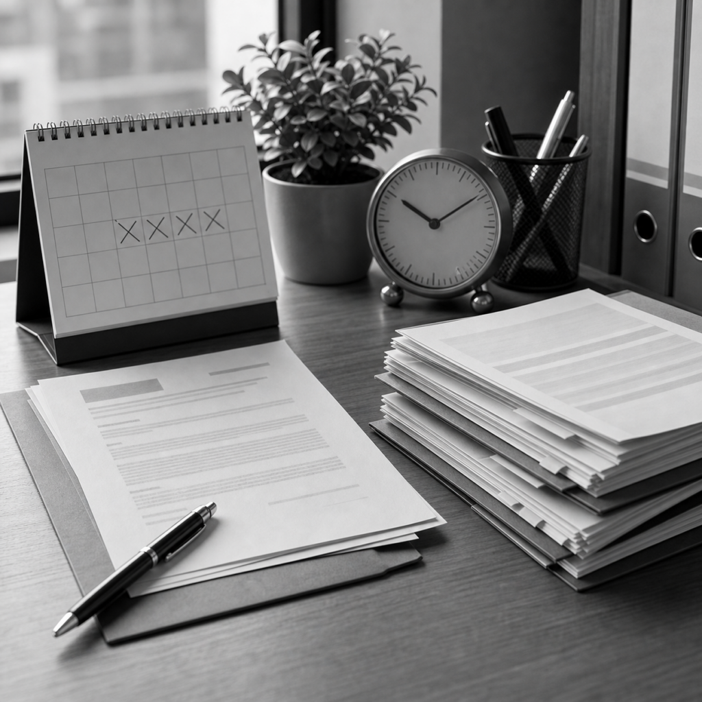 Calendario marcado, carta de deuda antigua, extractos archivados por años y reloj de mesa, consulta legal online sobre deuda bancaria en Abogaphone