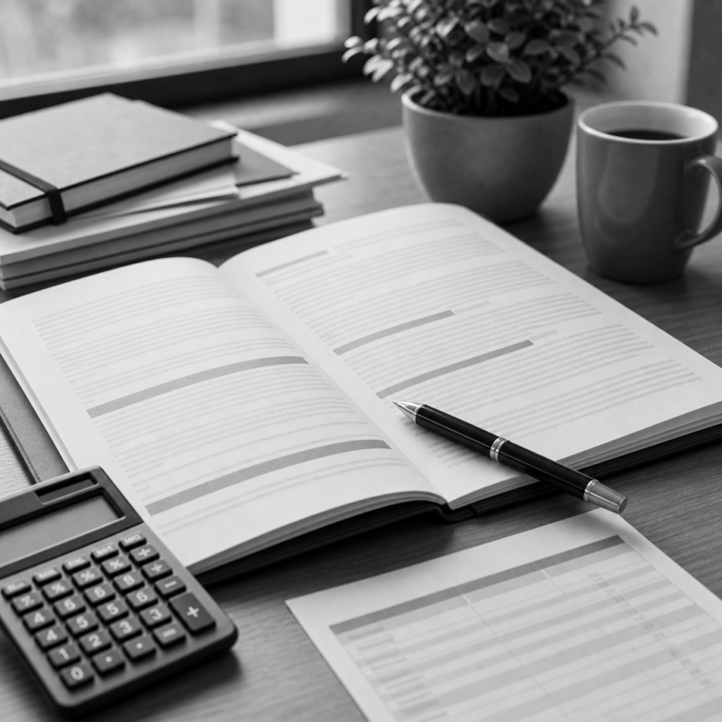 Contrato de préstamo abierto con cláusulas señaladas, calculadora y tabla de cuotas desenfocada, consulta legal online sobre contrato de préstamo en Abogaphone