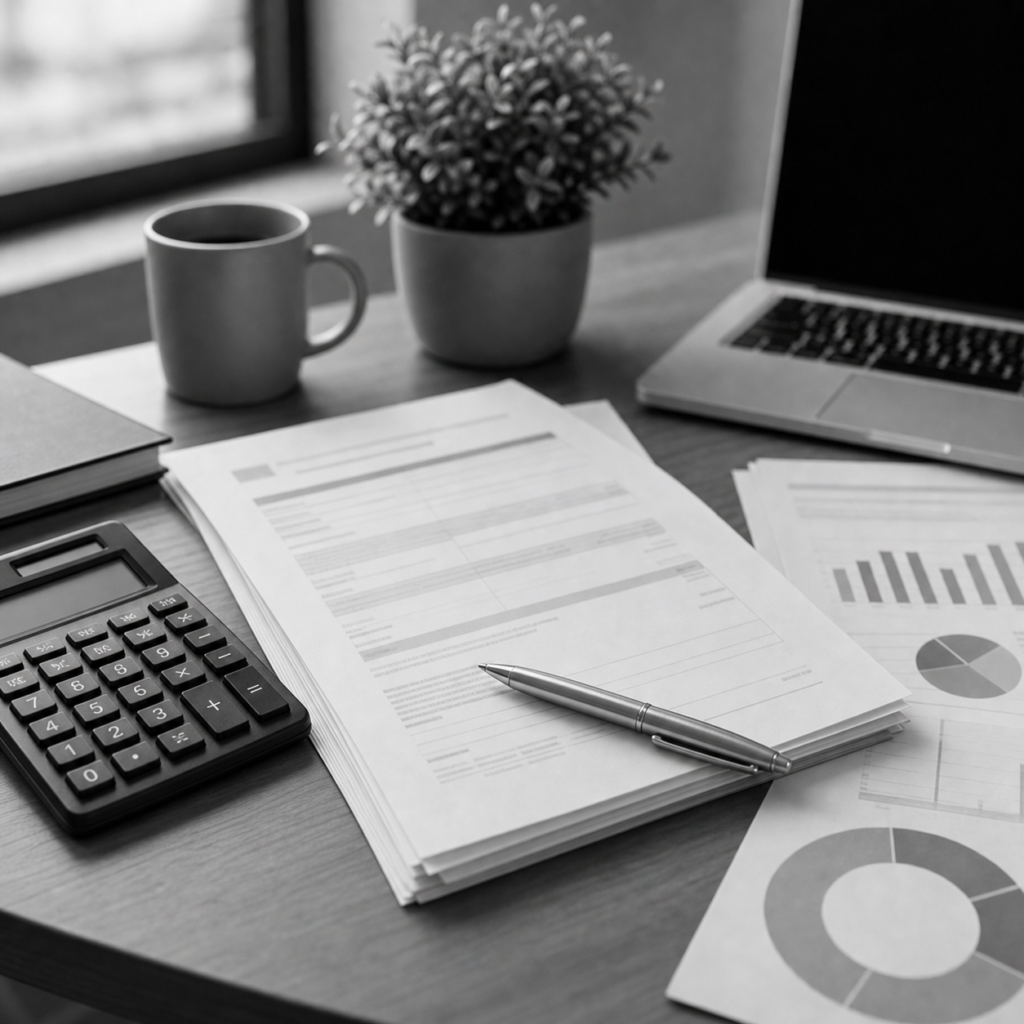 Documentos bancarios ordenados, calculadora y carpeta de reclamación sobre escritorio profesional, consulta legal online sobre cláusulas o intereses abusivos en Abogaphone