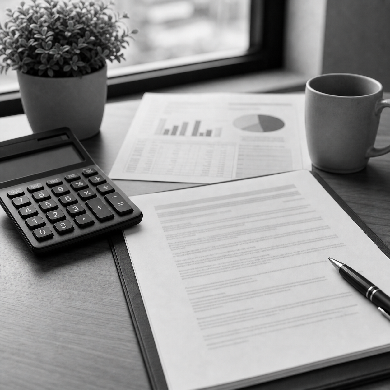 Documentos bancarios ordenados, calculadora y carpeta de reclamación sobre escritorio profesional, consulta legal online sobre usura en préstamos en Abogaphone