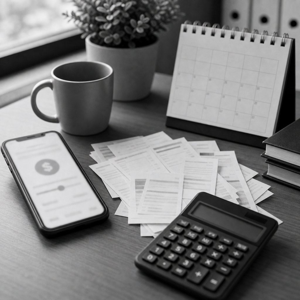 Móvil con préstamo rápido desenfocado, calendario de vencimientos y recibos pequeños acumulados, consulta legal online sobre microcréditos en Abogaphone