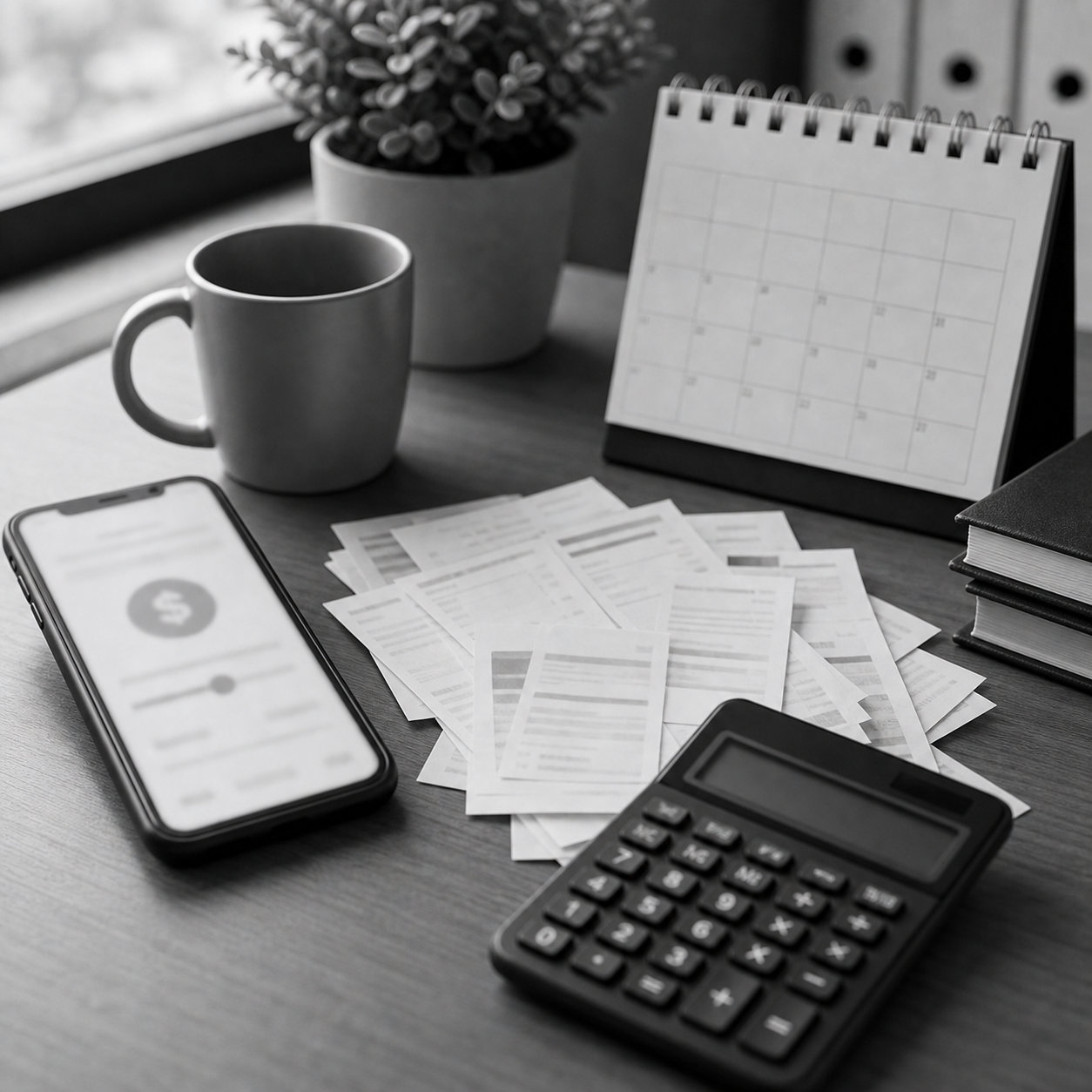 Móvil con préstamo rápido desenfocado, calendario de vencimientos y recibos pequeños acumulados, consulta legal online sobre microcréditos en Abogaphone