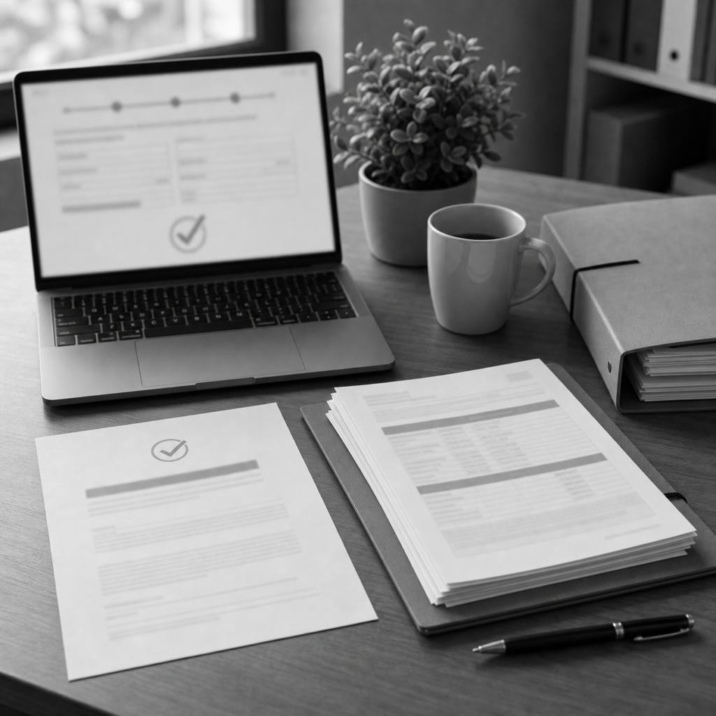 Pantalla de formulario bancario desenfocada, acuse de recibo impreso y carpeta con documentos, consulta legal online sobre servicio de atención al cliente del banco en Abogaphone