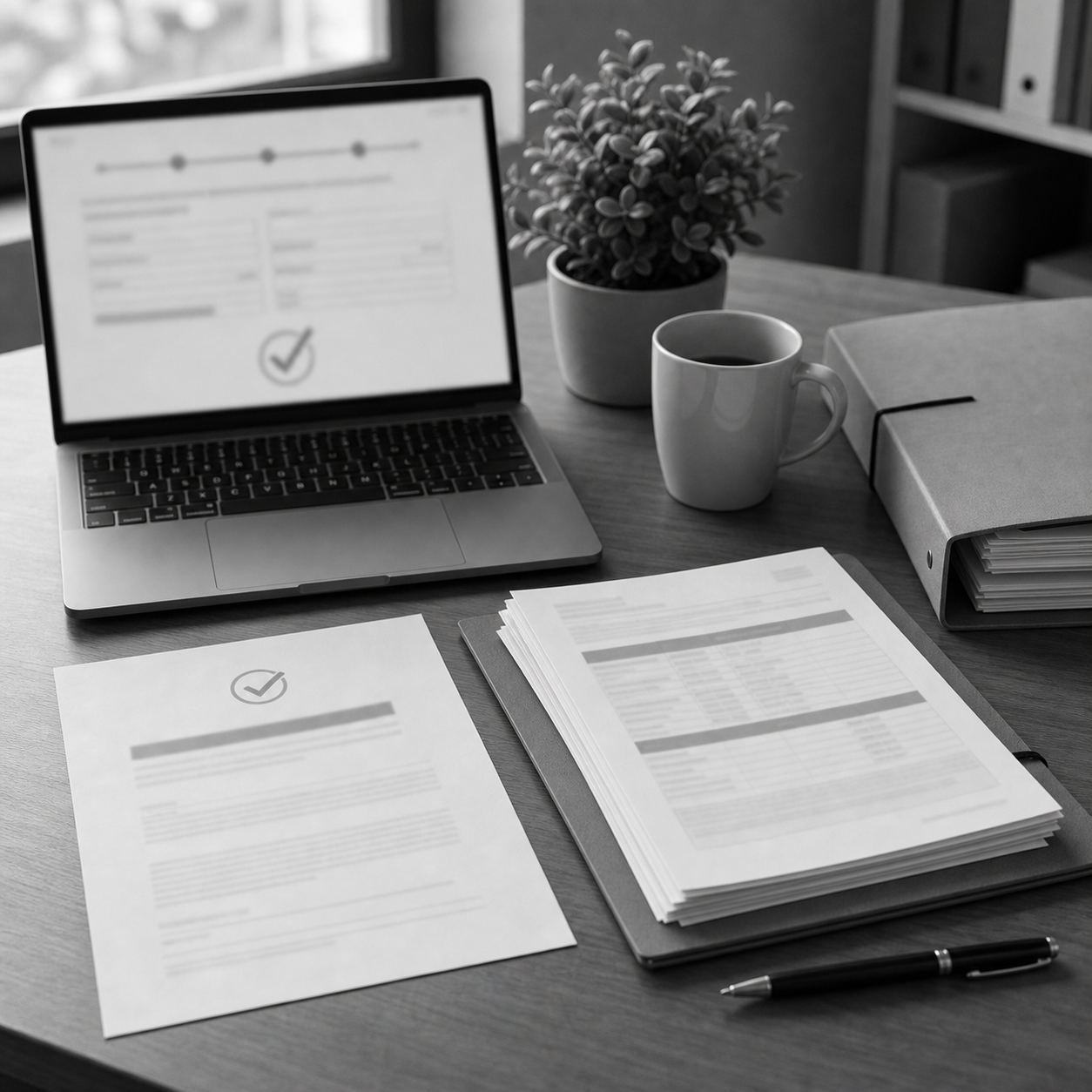Pantalla de formulario bancario desenfocada, acuse de recibo impreso y carpeta con documentos, consulta legal online sobre servicio de atención al cliente del banco en Abogaphone