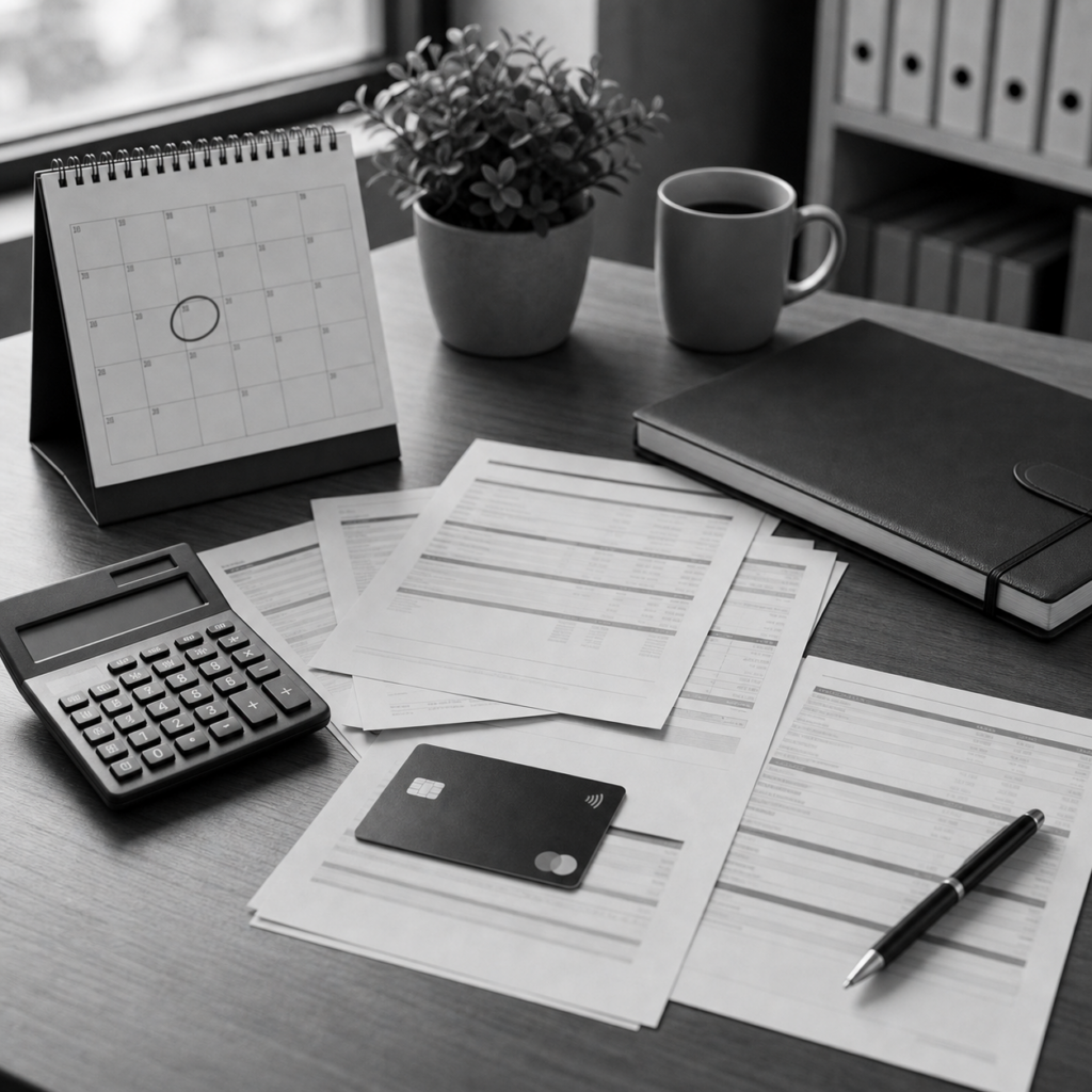 Documentos bancarios sobre una mesa, calendario con fechas marcadas, calculadora y carpeta de tarjeta revolving, consulta legal online sobre tarjeta revolving en Abogaphone