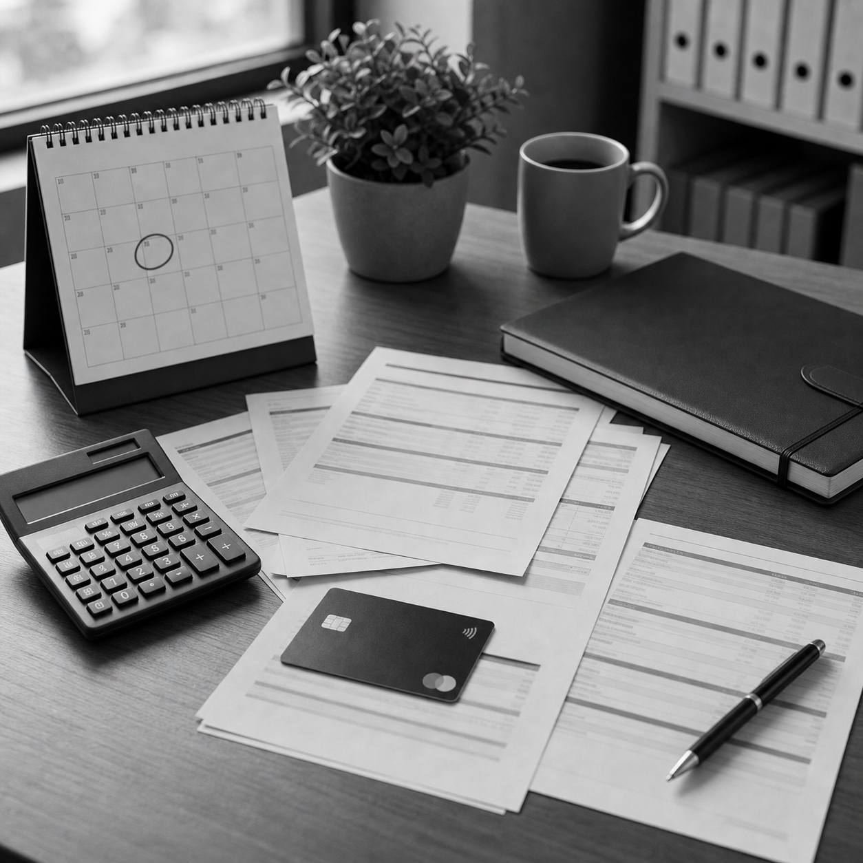 Documentos bancarios sobre una mesa, calendario con fechas marcadas, calculadora y carpeta de tarjeta revolving, consulta legal online sobre tarjeta revolving en Abogaphone