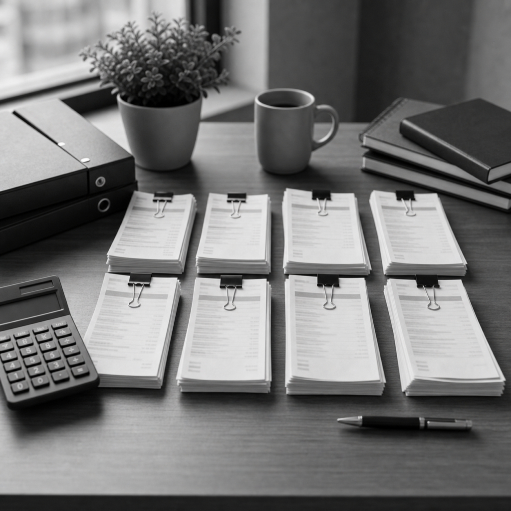 Documentos bancarios sobre una mesa, calendario con fechas marcadas, calculadora y carpeta de documentación bancaria, consulta legal online sobre documentación bancaria en Abogaphone