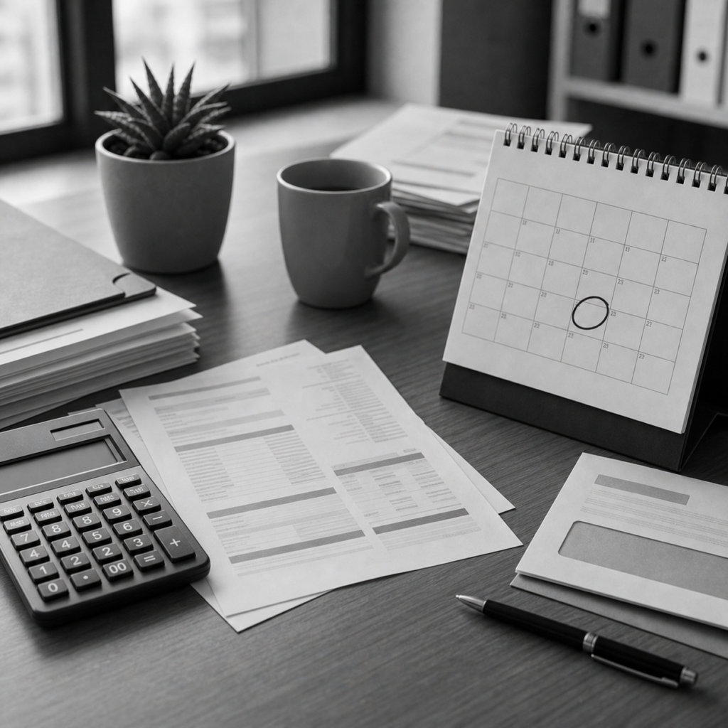 Documentos bancarios sobre una mesa, calendario con fechas marcadas, calculadora y carpeta de consumo financiero, consulta legal online sobre consumo financiero en Abogaphone