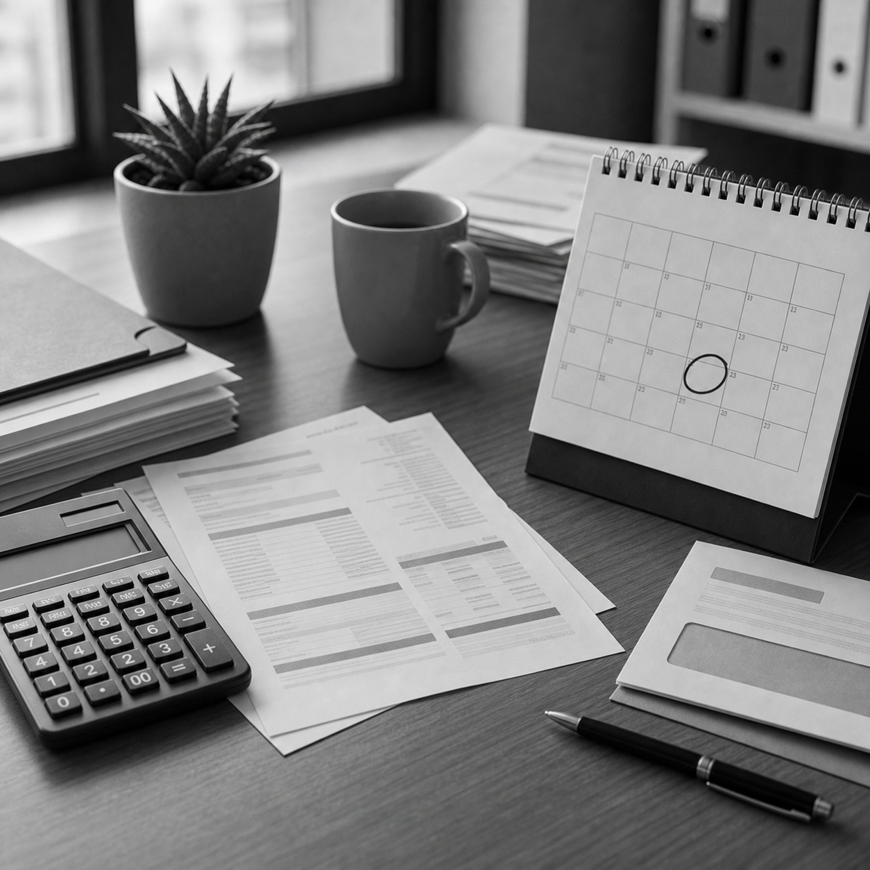 Documentos bancarios sobre una mesa, calendario con fechas marcadas, calculadora y carpeta de consumo financiero, consulta legal online sobre consumo financiero en Abogaphone
