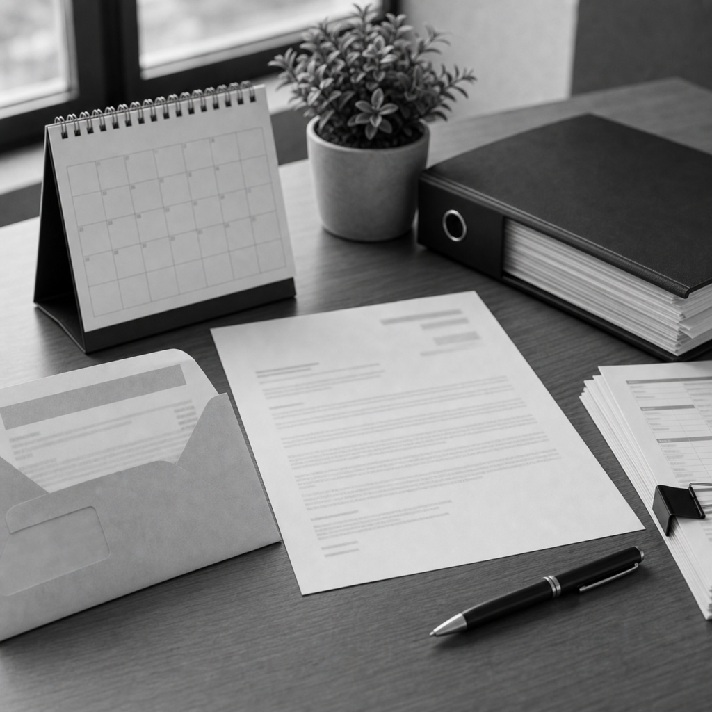 Documentos bancarios sobre una mesa, calendario con fechas marcadas, calculadora y carpeta de procedimiento monitorio bancario, consulta legal online sobre procedimiento monitorio bancario en Abogaphone