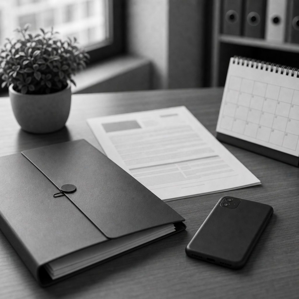 Documentos bancarios sobre una mesa, calendario con fechas marcadas, calculadora y carpeta de ficheros de morosos, consulta legal online sobre ficheros de morosos en Abogaphone