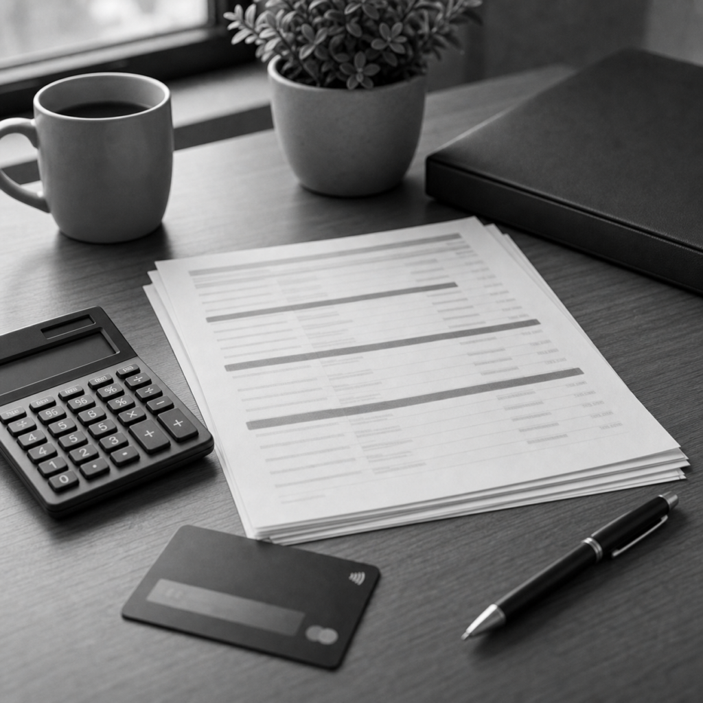 Documentos bancarios sobre una mesa, calendario con fechas marcadas, calculadora y carpeta de comisiones bancarias, consulta legal online sobre comisiones bancarias en Abogaphone