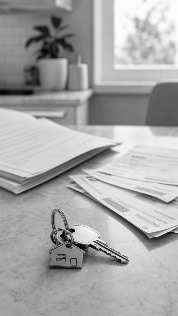 Vivienda alquilada vista desde la entrada, contrato de alquiler, llaves, fotos de estado del inmueble y carpeta de alquileres y desahucios, consulta legal online sobre alquileres y desahucios en Abogaphone