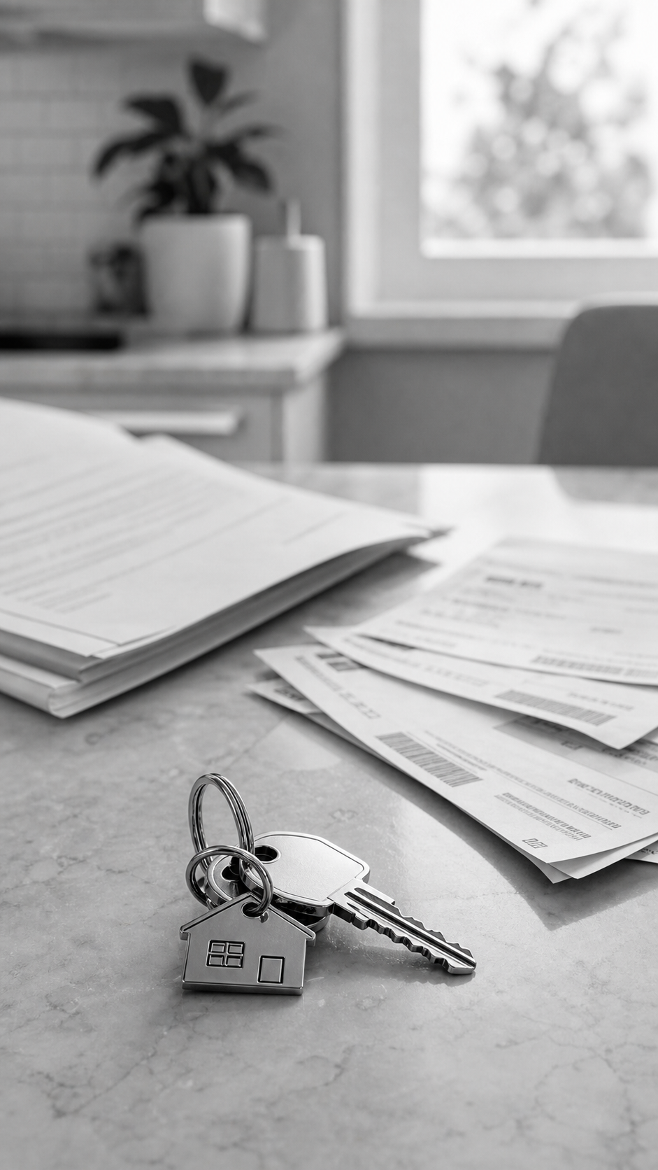 Vivienda alquilada vista desde la entrada, contrato de alquiler, llaves, fotos de estado del inmueble y carpeta de alquileres y desahucios, consulta legal online sobre alquileres y desahucios en Abogaphone