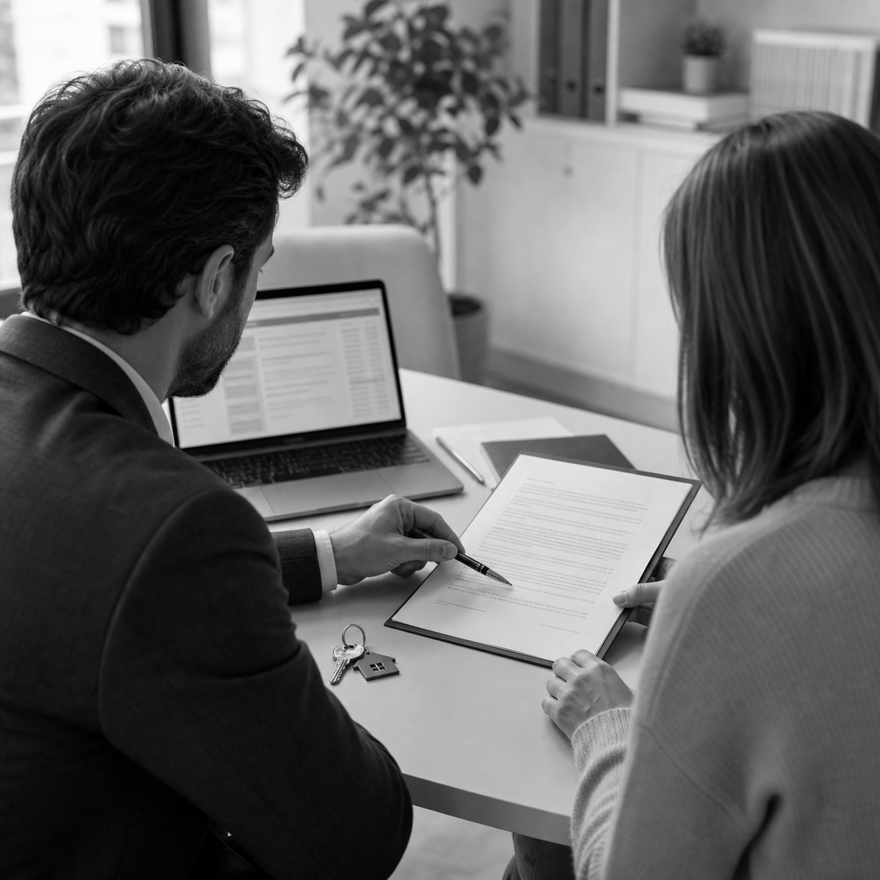 Abogado revisando un contrato de alquiler con cliente, llaves y port?til, consulta legal online sobre contrato de alquiler en Abogaphone