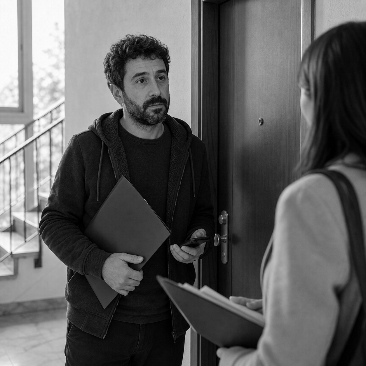 Persona con carpeta ante la puerta de una vivienda alquilada, consulta legal online sobre defensa ante desahucio en Abogaphone