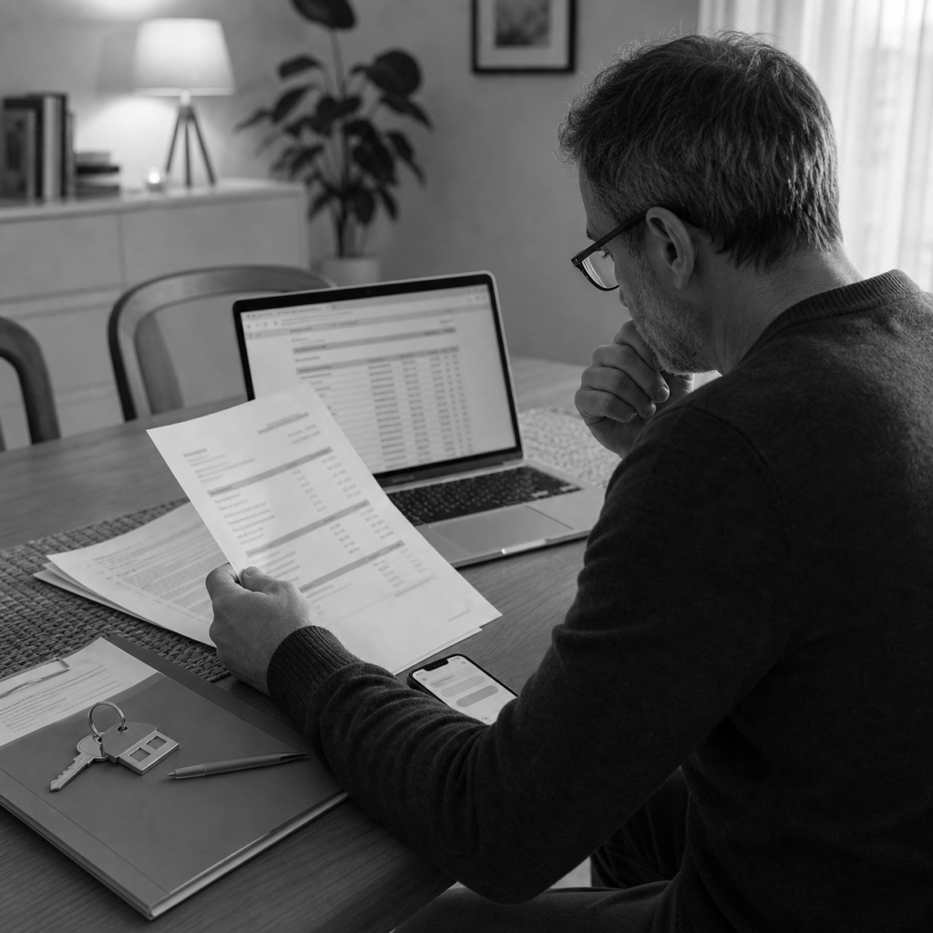 Propietario revisando rentas impagadas, contrato y llaves, consulta legal online sobre inquilino que no paga en Abogaphone