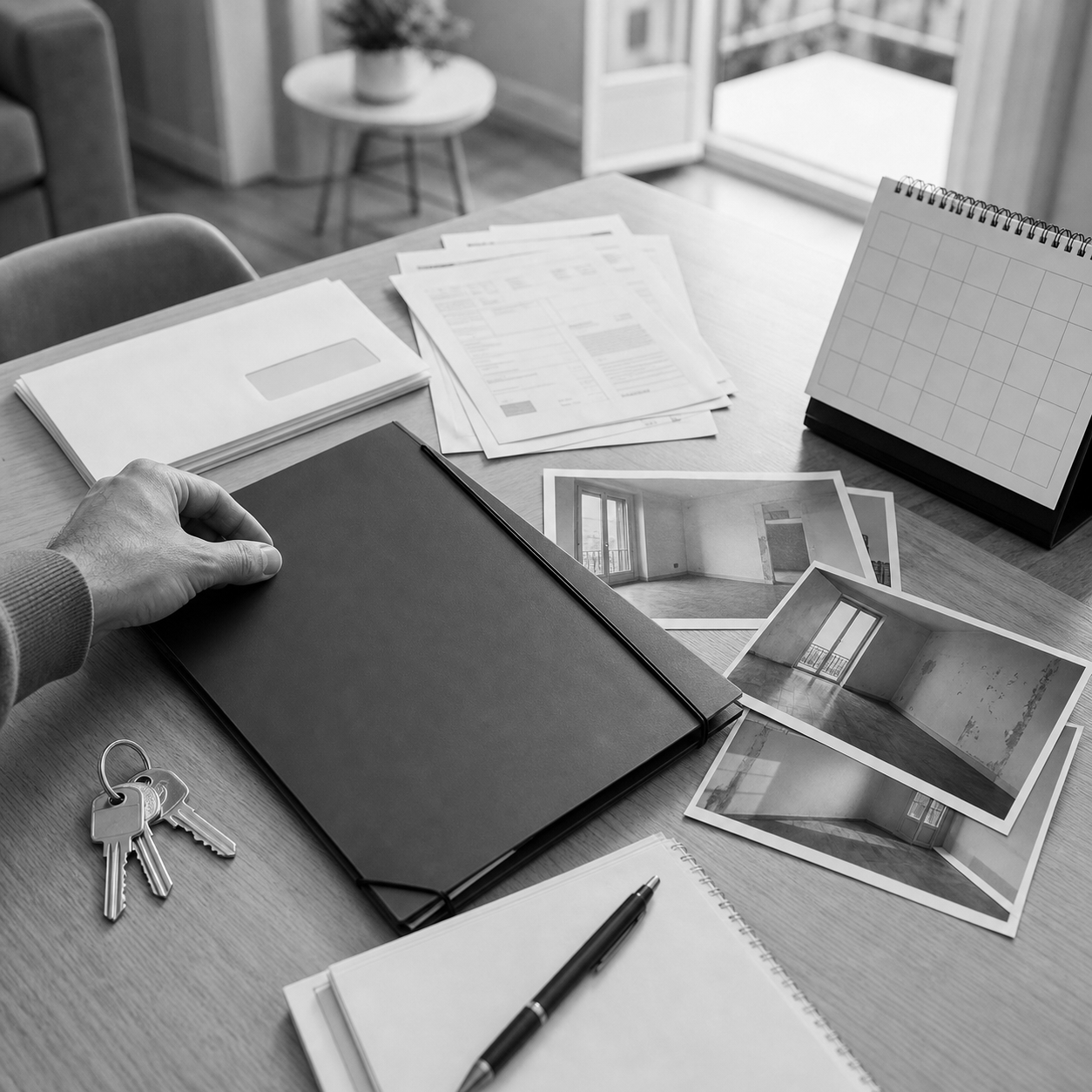Carpeta de desahucio con contrato de alquiler, llaves, calendario, recibos y fotos de vivienda, consulta legal online sobre documentos para un desahucio en Abogaphone