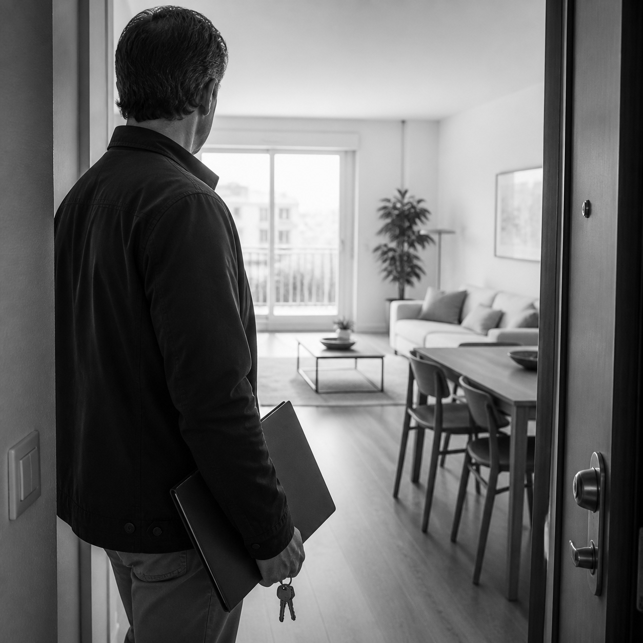 Propietario entrando en una vivienda alquilada con llaves y carpeta, consulta legal online sobre recuperar vivienda alquilada en Abogaphone