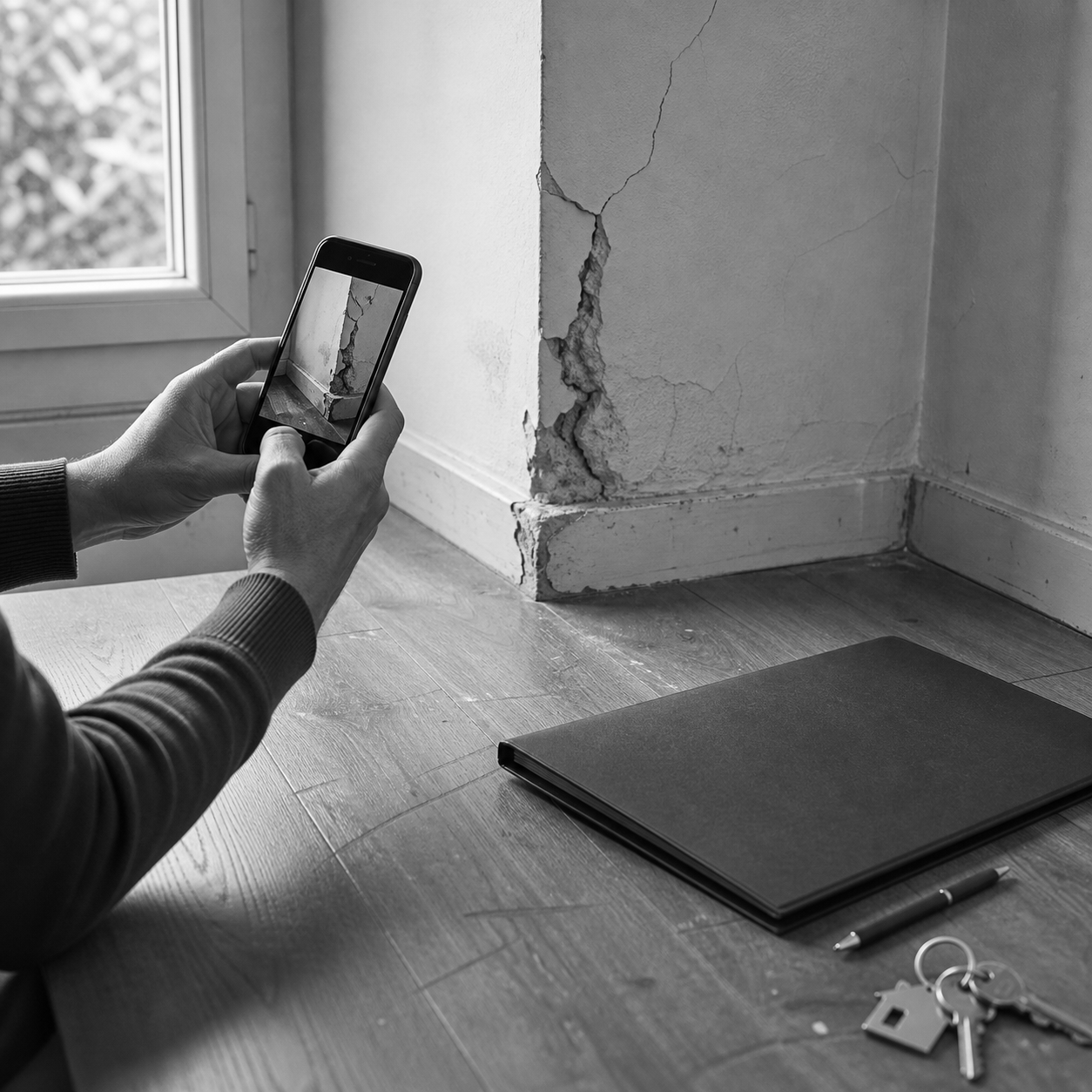 Inspecci?n de da?os en vivienda alquilada con m?vil, llaves y carpeta, consulta legal online sobre da?os causados por inquilino en Abogaphone