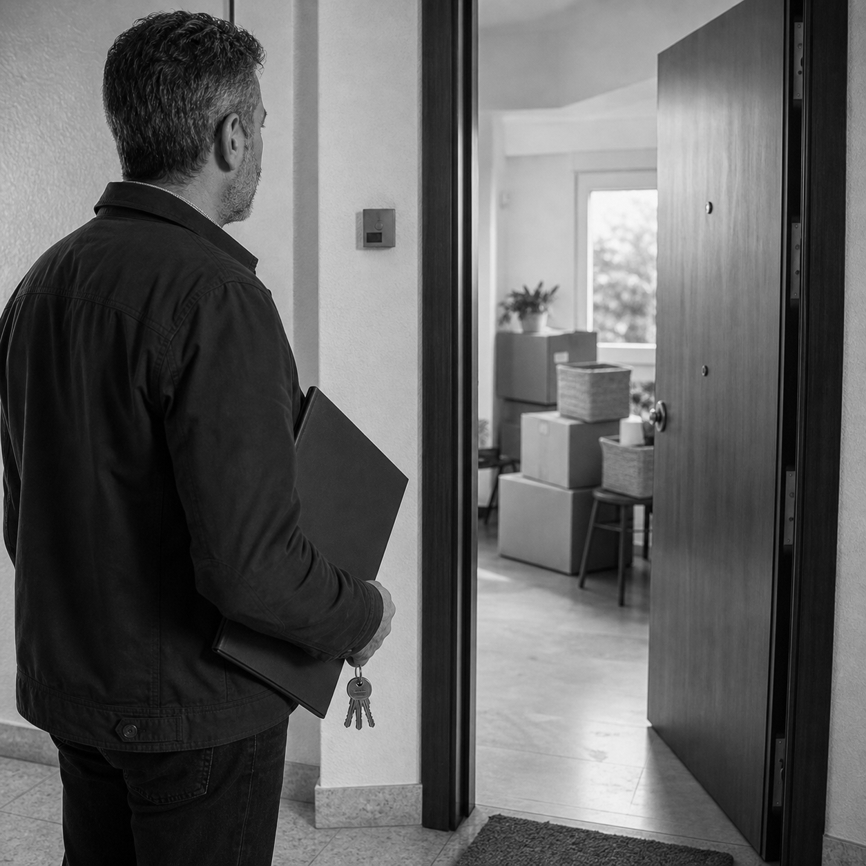 Propietario ante una puerta de vivienda con llaves y carpeta, consulta legal online sobre inquilino que no se va al finalizar el contrato en Abogaphone