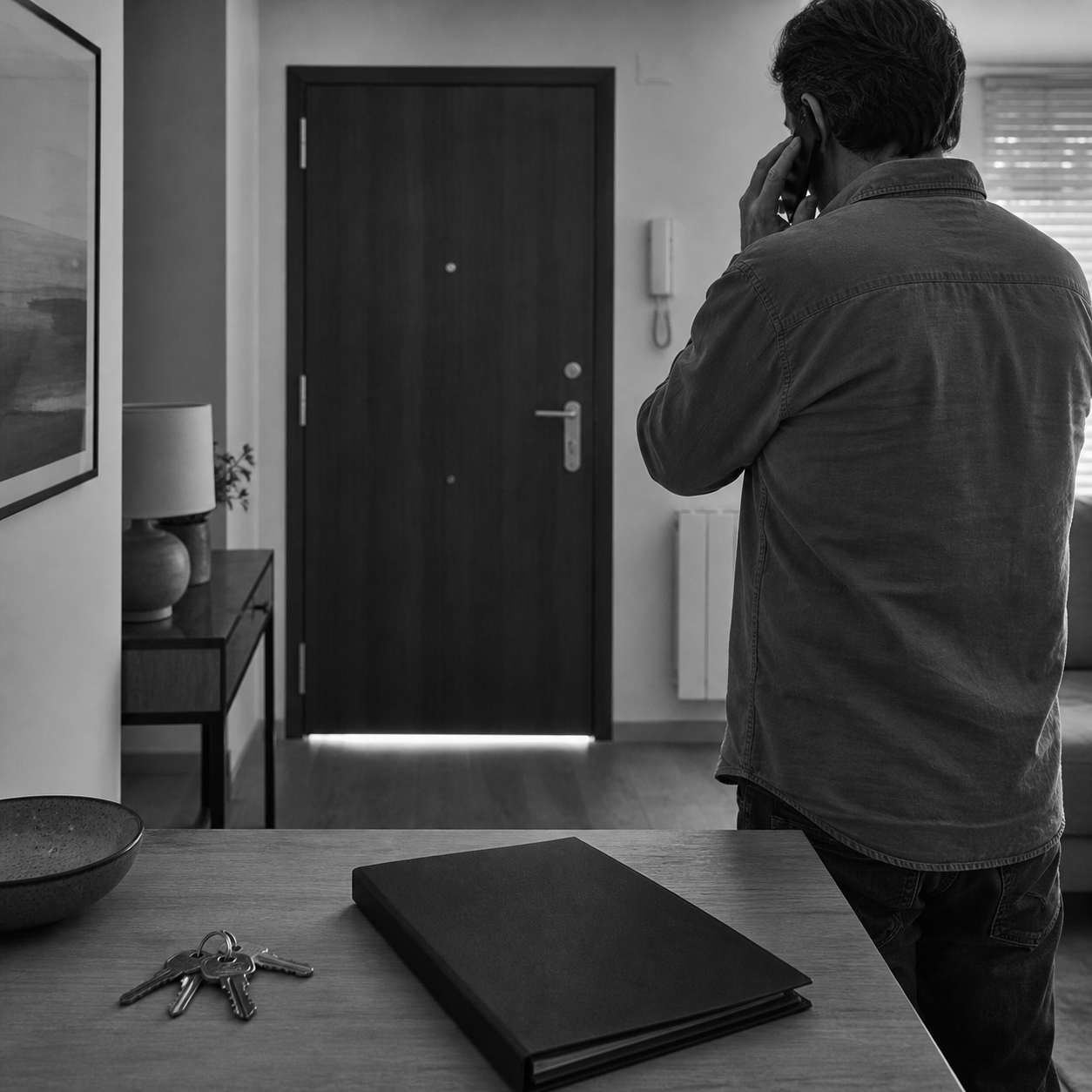 Entrada de vivienda alquilada con llaves y carpeta, consulta legal online sobre ocupaci?n tras alquiler en Abogaphone