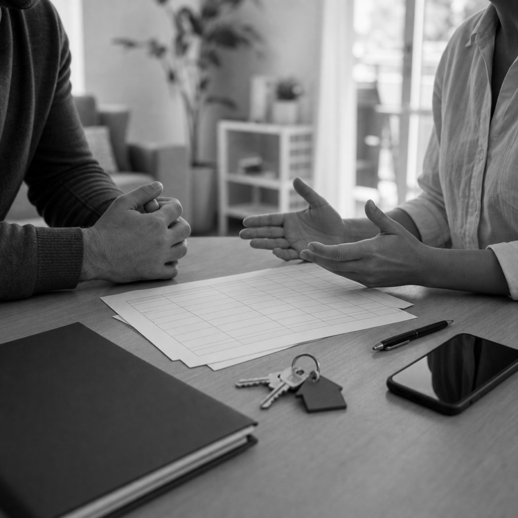Dos personas revisando una propuesta de pagos con llaves y contrato, consulta legal online sobre negociar deuda de alquiler en Abogaphone