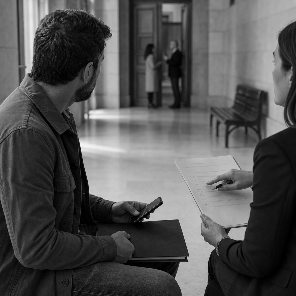 Persona con carpeta en zona de espera judicial y asesoramiento legal, consulta legal online sobre juicio de desahucio en Abogaphone