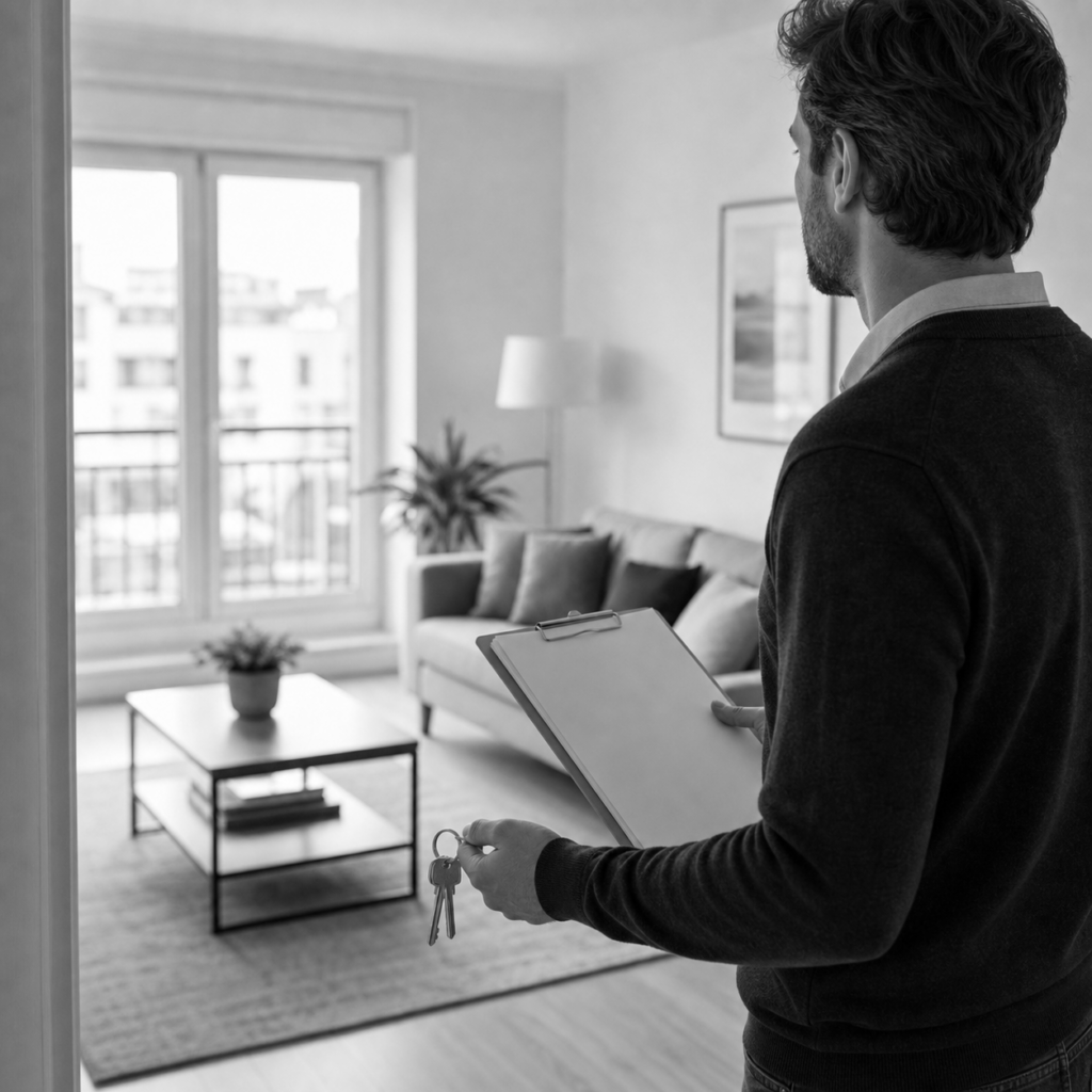 Propietario revisando una vivienda alquilada con carpeta y llaves, consulta legal online sobre derechos del propietario en Abogaphone