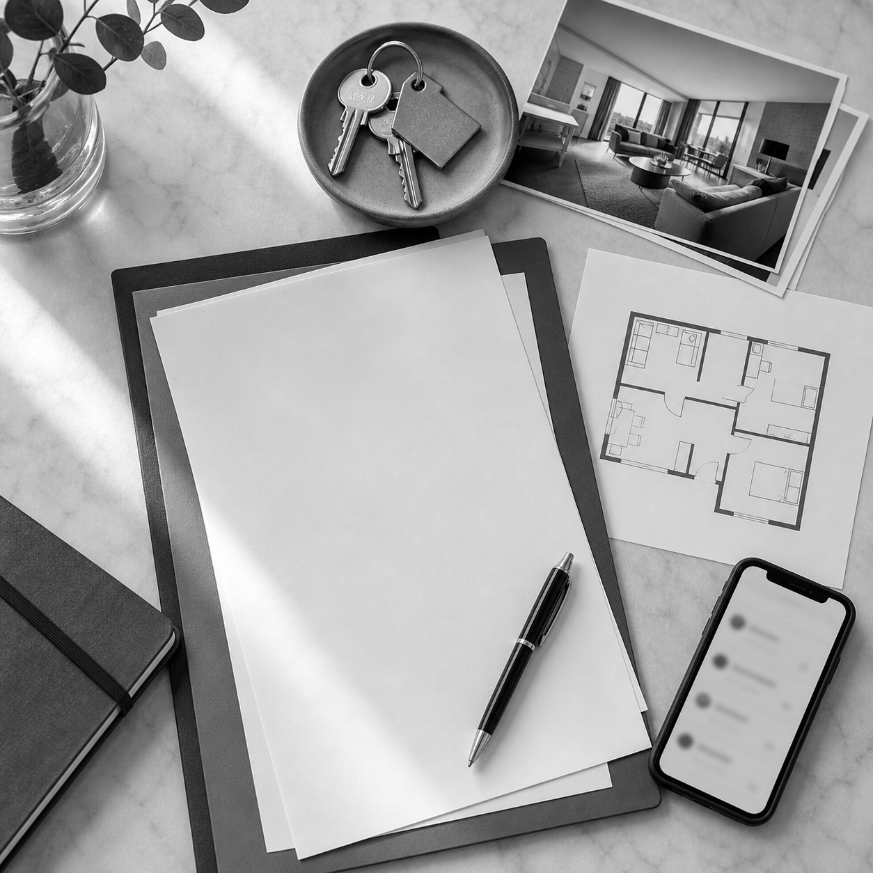 Contrato de alquiler, plano, llaves y m?vil sobre mesa, consulta legal online sobre qu? debe incluir un contrato de alquiler en Abogaphone