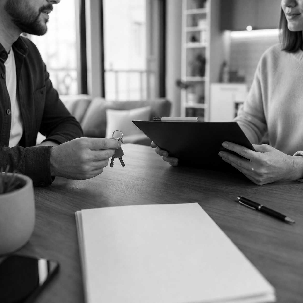Arrendador y arrendatario revisando contrato con llaves sobre mesa, consulta legal online sobre diferencia entre arrendador y arrendatario en Abogaphone