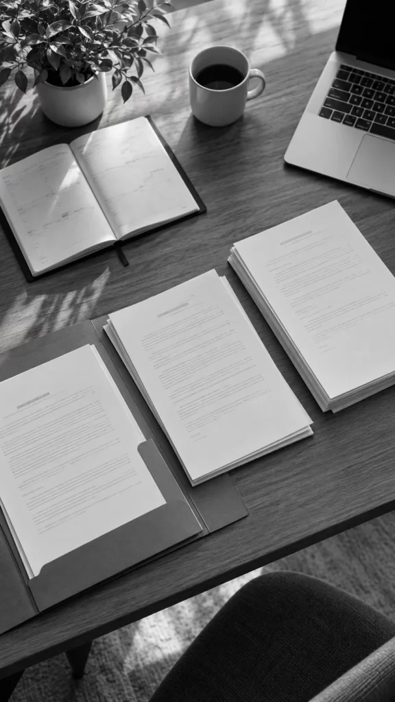 Documentos ordenados sobre una mesa con una carpeta, una agenda y un portátil