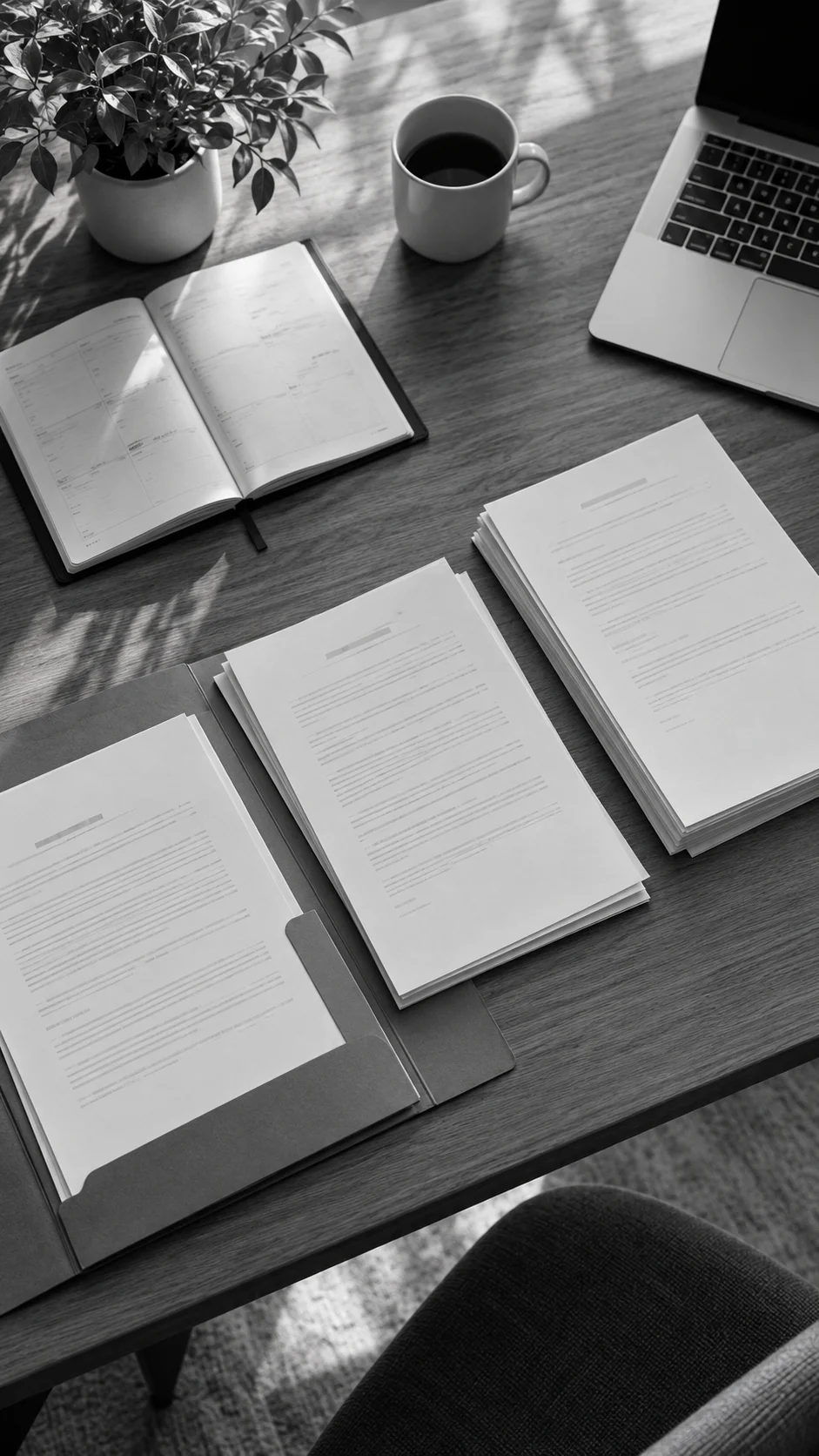 Documentos ordenados sobre una mesa con una carpeta, una agenda y un portátil