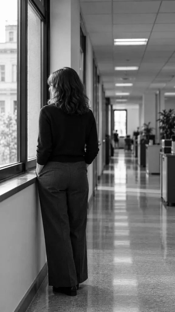 Persona de espaldas junto a una ventana en un pasillo de oficinas públicas