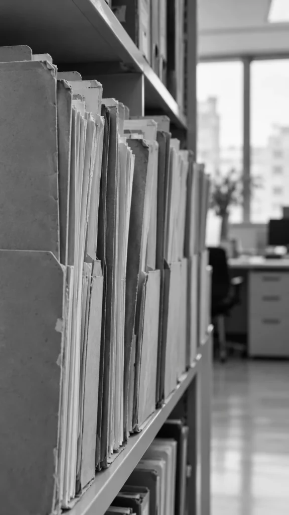 Carpetas de papel acumuladas en una estantería de oficina, en blanco y negro